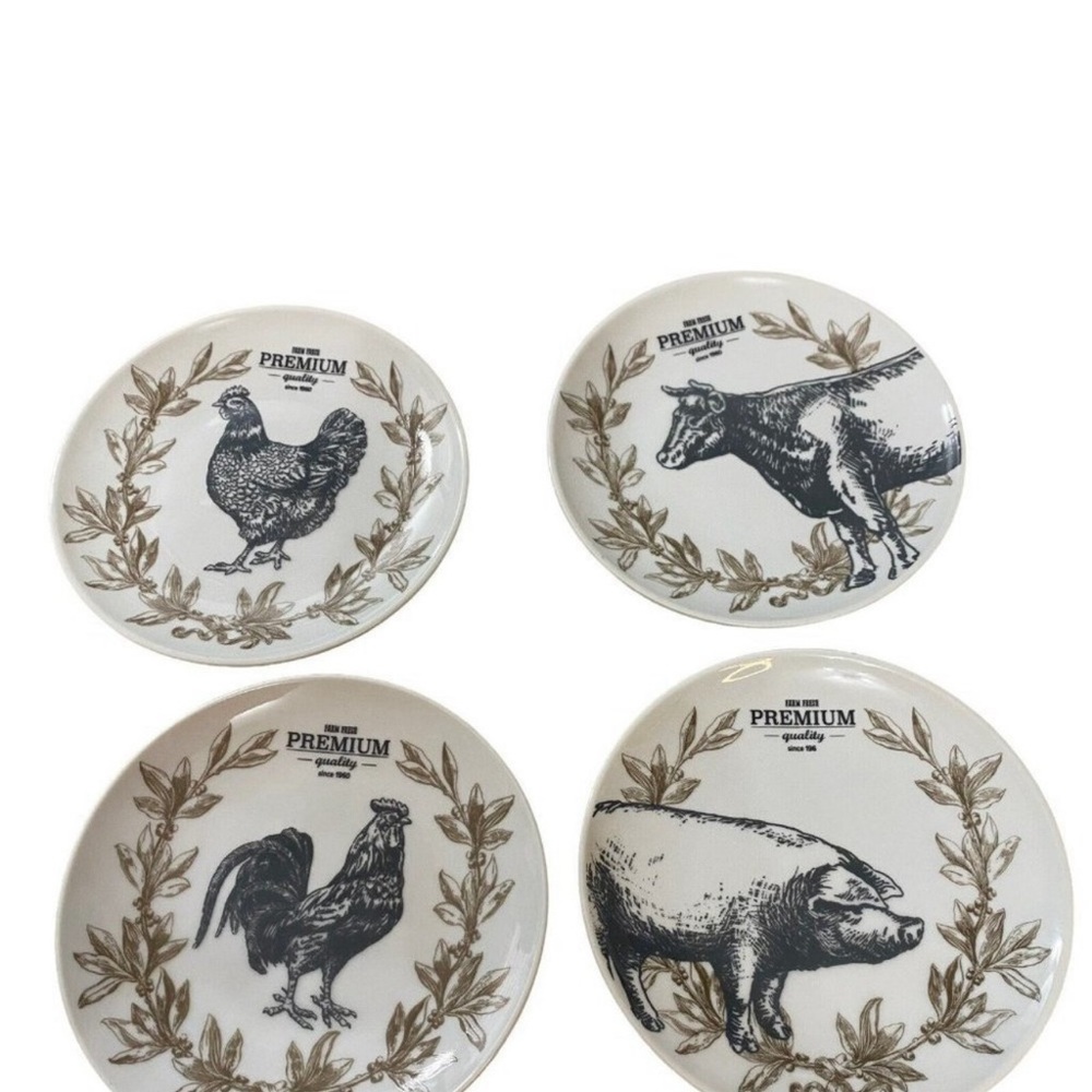 Fitz and Floyd Farmstead Home Appetizer Plates Set of 4 Rooster Hen Cow Pig 6"